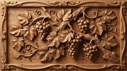 Wood carved grapevine relief, brown tones, rustic decorative panel