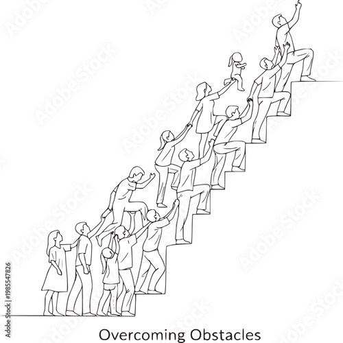 Teamwork and perseverance concept with diverse group climbing over obstacles in line art illustration