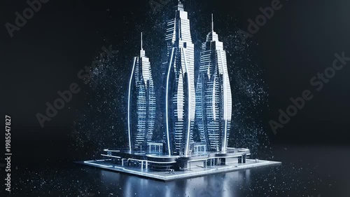 A futuristic cityscape unfolds with sleek skyscrapers on a platform