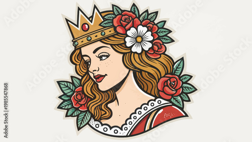 A vibrant illustration of a woman wearing a crown and flowers in her hair