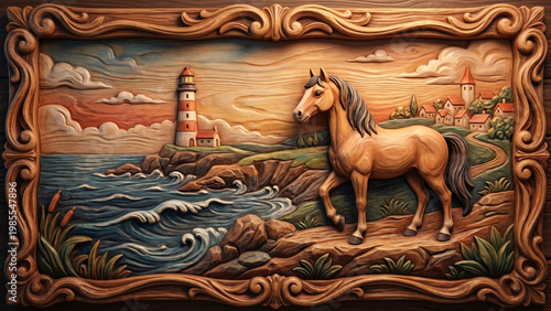 Wood carved coastal scene illustration, warm tones, seaside landscape decor