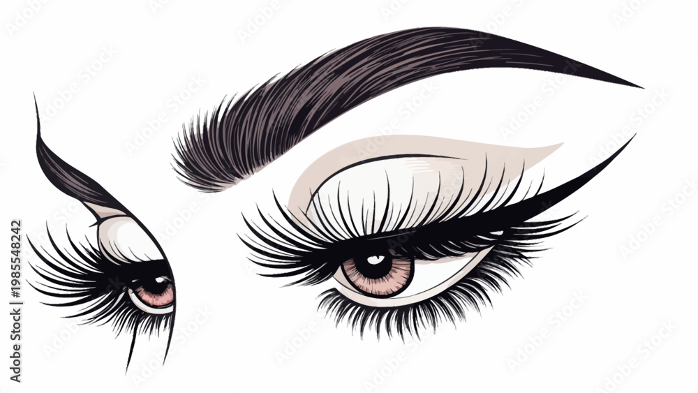 Fototapeta premium A close-up illustration of a woman's eyes with long eyelashes and perfectly shaped eyebrows
