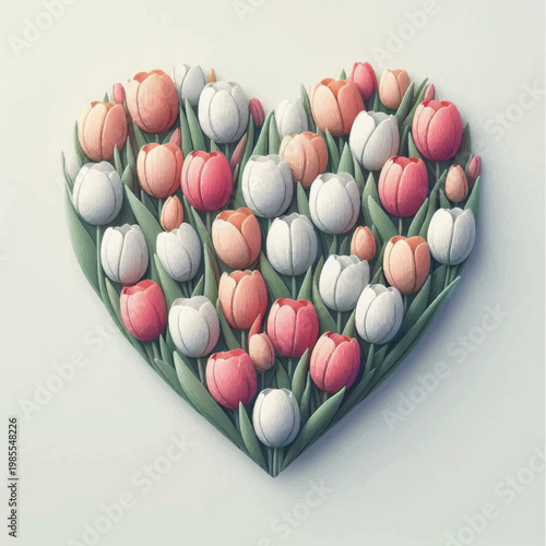 Heart Shape Made of Pink, White, and Coral Tulips on a Light Background. Romantic Spring Floral Love Concept.