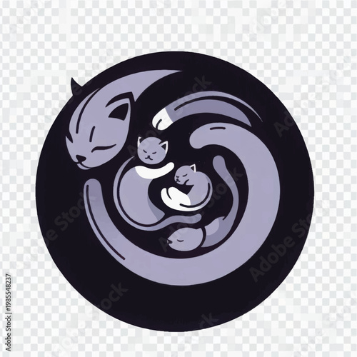 Minimalist Mother Cat and Kittens Logo. Stylized Circular Illustration Symbolizing Family Protection, Security, and Feline Love.