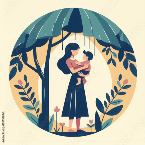 Tender Mother and Child Hug Under Protective Tree Canopy. Flat Illustration of Family Love and Safety.
