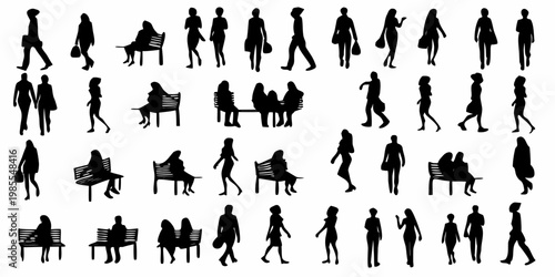 Silhouettes of people walking sitting and interacting in a public space