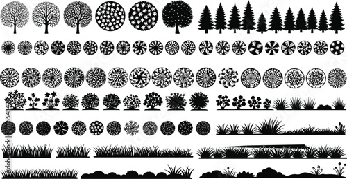 Botanical silhouette vegetation collection, trees shrubs bushes grass artwork, landscape design elements, decorative plant graphics for architecture projects, flat vector illustration