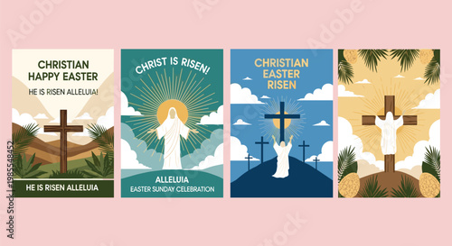 Christian Easter poster collection, resurrection of Jesus Christ artwork, He is Risen Alleluia design, faith celebration graphics, flat vector illustration