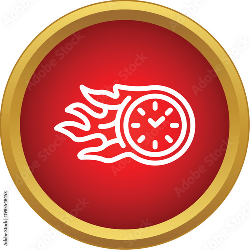White outline clock with flames speeding on a red circular background