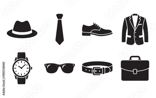 Men's Professional Fashion and Accessory Icon Set with Suit and Watch