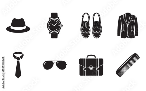 Men's Professional Fashion and Accessory Icon Set with Suit and Watch