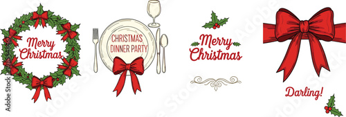 Christmas decorative elements set, festive holiday vector illustration, wreath dinner party motifs, seasonal artwork design, flat vector illustration