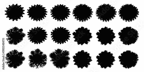 Collection of silhouetted trees and bushes arranged in rows