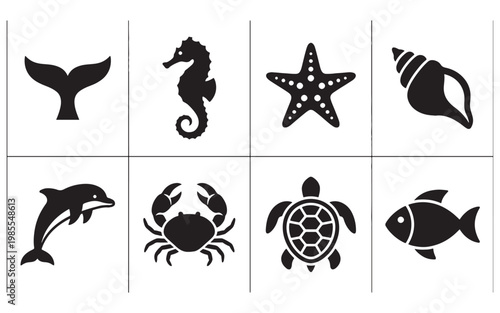 Marine Life and Sea Creature Icon Set with Dolphin and Turtle