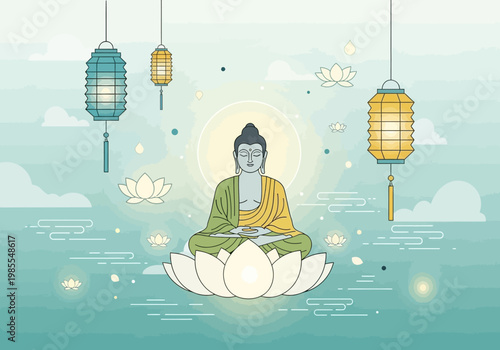 Serene Buddha meditating on a lotus flower.