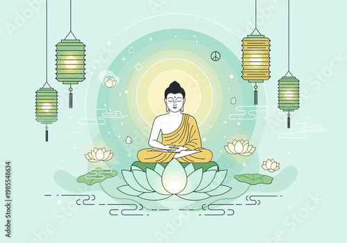 Serene Buddha Meditating on Lotus Flower with Lanterns.