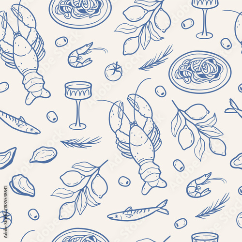 Seafood and pasta seamless pattern in Italian la dolce vita style. Hand drawn vector illustration for kitchen textiles, packaging, restaurant branding.