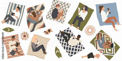 People relaxing and reading on colorful blankets in a summer scene