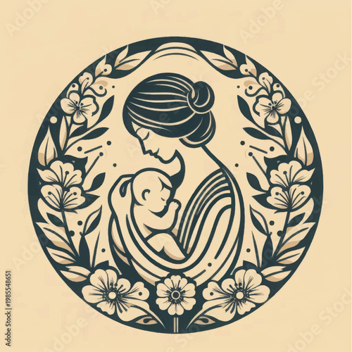 Mother and Baby Embrace Linocut Style Illustration. Vintage Maternity Love Icon with Floral Frame.
