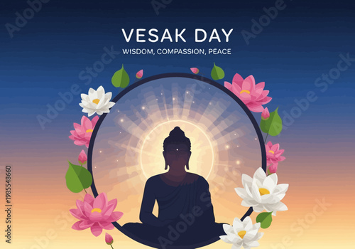 Vesak Day Buddha Silhouette with Lotus Flowers and Radiant Light.