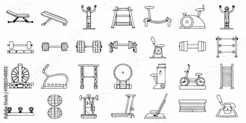 Black and white line drawing of various gym and fitness equipment