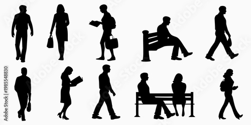 Silhouettes of people walking sitting and carrying items in public