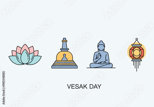 Vesak Day celebration with lotus flower stupa Buddha statue and traditional lantern.