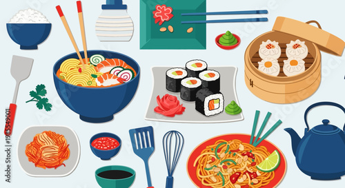 Assorted Asian Cuisine Vector Illustration Set with Ramen, Sushi, Dim Sum, and Noodles in Flat Design Style