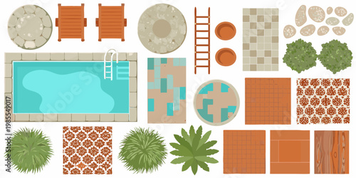 Aerial view of a summer backyard with pool patio and landscaping