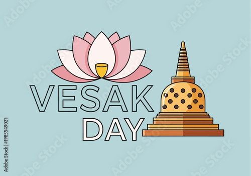 Vesak Day celebration with lotus flower and stupa.