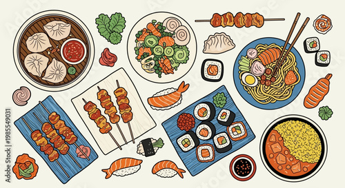 Asian Food Illustration Set with Sushi, Ramen, Dim Sum, and Yakitori in Flat Design Style