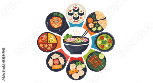Asian Food Vector Illustration Collection in Circular Composition with Ramen, Sushi, Satay, and Dim Sum in Flat Design Style