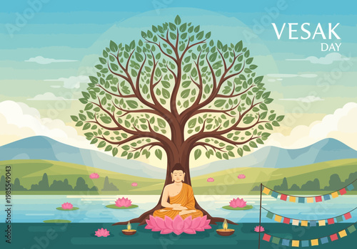 Buddha meditating under a Bodhi tree on Vesak Day.