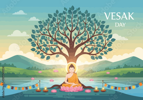 Buddha Meditating Under Bodhi Tree on Vesak Day.