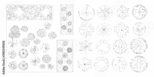 Detailed sketches of floral and geometric patterns on a white background