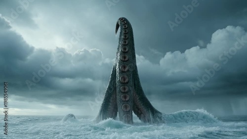 Giant Kraken ancient myth creature emerging from stormy ocean