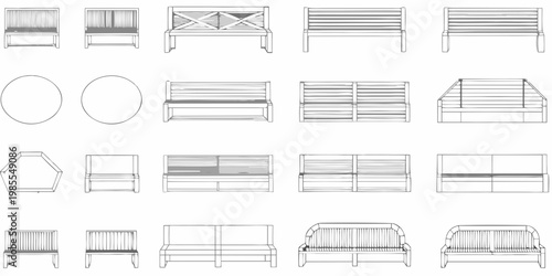 Architectural blueprint showing various styles of wooden benches and shapes