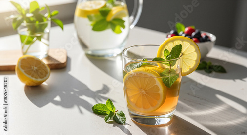 Refreshing lemonade with lemon slices and mint on light background  