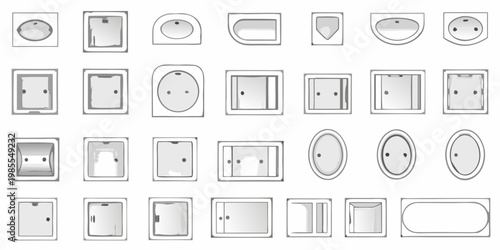 Collection of various bathtub top down views in simple line drawings