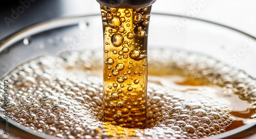 Beer being poured into a glass with bubbles and frothy head  