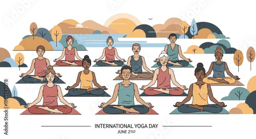 Diverse group of people meditating outdoors in a serene landscape representing yoga wellness and mindfulness for International Yoga Day