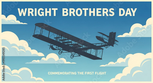 Wright Brothers Day illustration commemorating the first flight with a vintage biplane soaring through clouds retro aviation concept for historical celebration