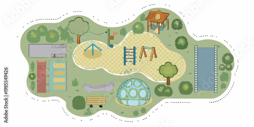 Aerial view of a colorful playground design with various play structures