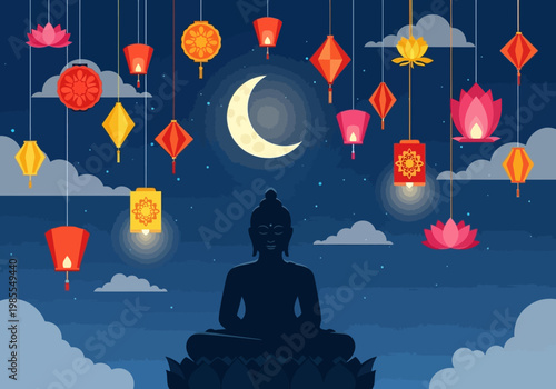 Silhouette of Buddha meditating under a crescent moon and lanterns.