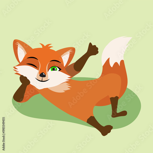 Cute funny red little fox resting in a clearing. Happy cartoon animal character. Vector illustration.