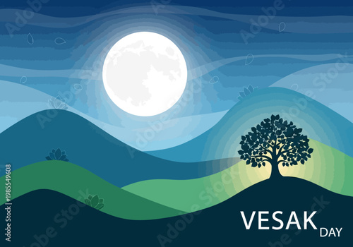 Vesak Day celebration with a solitary tree under a full moon.