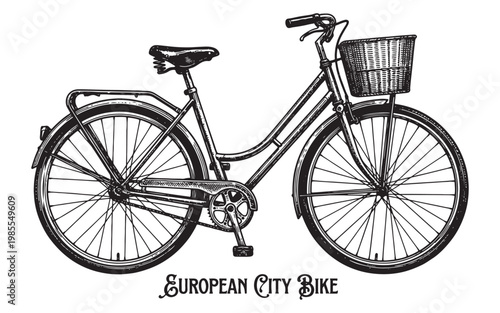 Bild auf Leinwand Vintage Engraving of a Classic Ladies City Bicycle with Front Wicker Basket