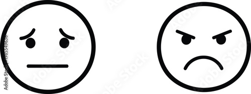 Emotion icon set sad and angry faces black and white vector graphics