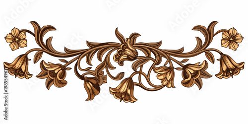 Ornate floral design featuring golden lily like blossoms and swirling foliage