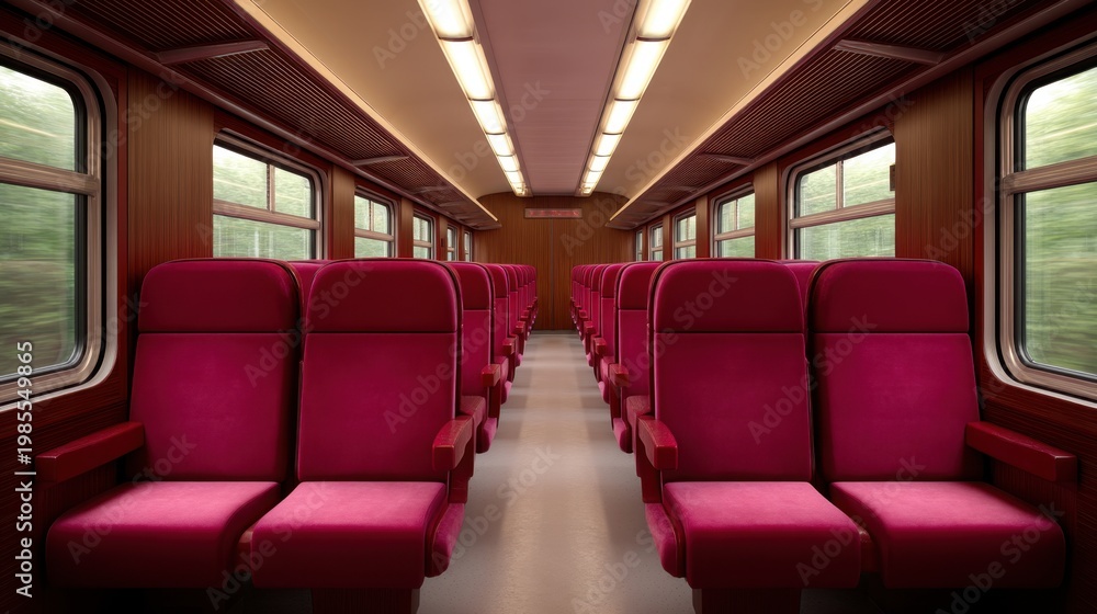 Fototapeta premium Spacious vintage train interior with plush red seating, soft lighting, and scenic view from large windows on a tranquil journey through nature
